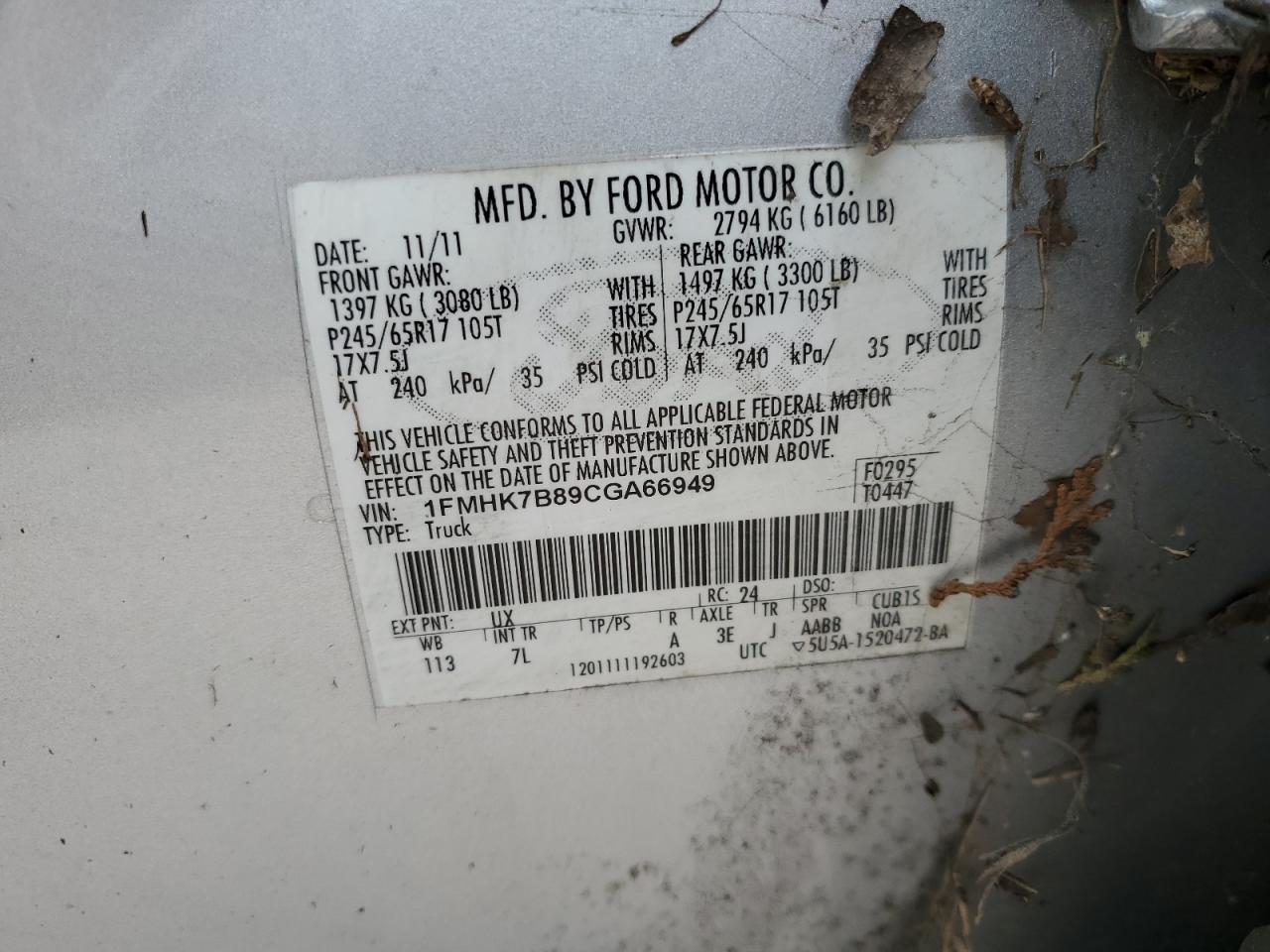 2012 Ford Explorer VIN 1FMHK7B89CGA66949 Copart auction photo, water/flood damage thumbnail 13