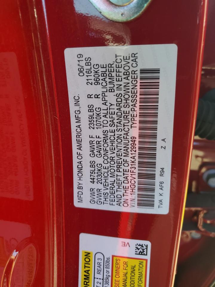 2019 Honda Accord VIN 1HGCV1F31KA129949 Copart auction photo, vandalism / rear end damage thumbnail 14