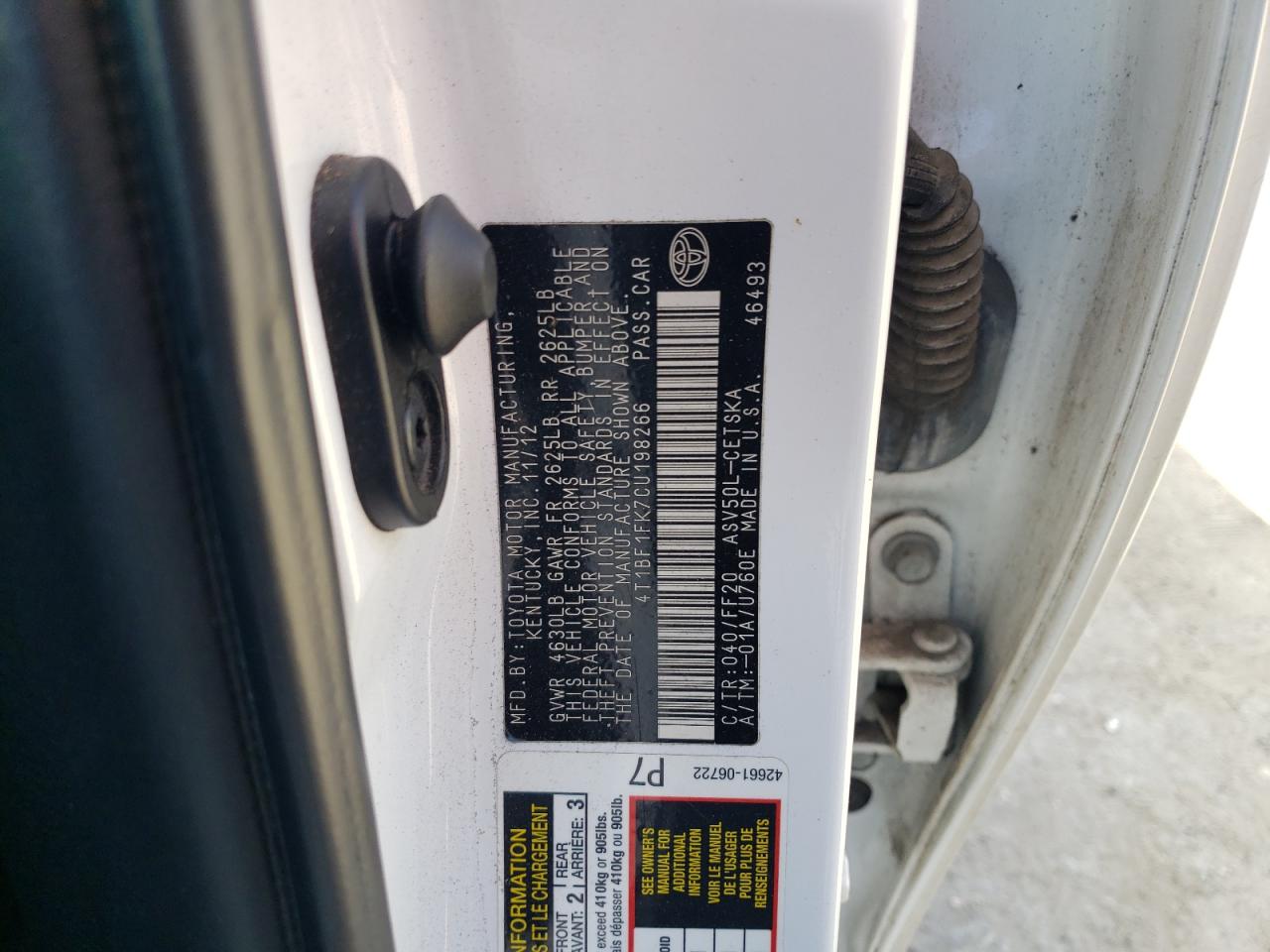 2012 Toyota Camry VIN 4T1BF1FK7CU198266 Copart auction photo, rear end / front end damage thumbnail 12