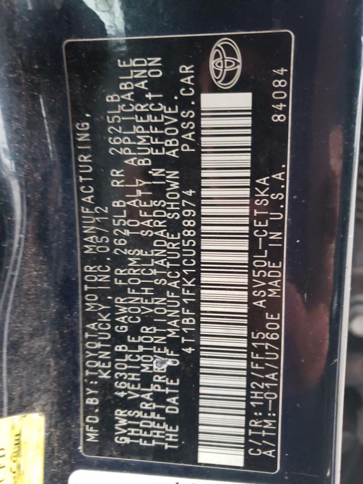 2012 Toyota Camry VIN 4T1BF1FK1CU588974 Copart auction photo, rear end damage thumbnail 12