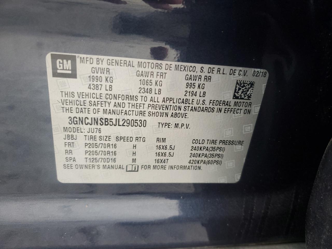 2018 Chevrolet Trax VIN 3GNCJNSB5JL290530 Copart auction photo, front end / side damage thumbnail 12