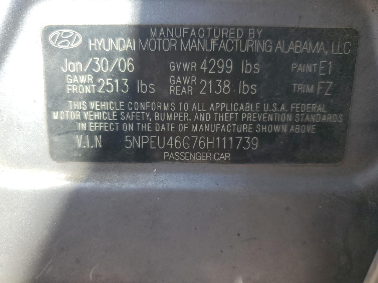 2006 Hyundai Sonata VIN 5NPEU46C76H111739 Copart auction photo, front end damage thumbnail 12