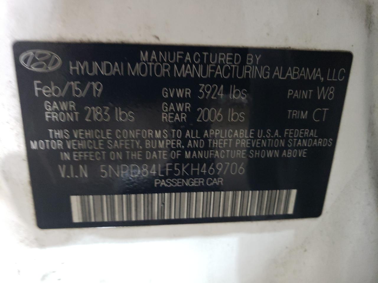 2019 Hyundai Elantra VIN 5NPD84LF5KH469706 Copart auction photo, rear end / front end damage thumbnail 12