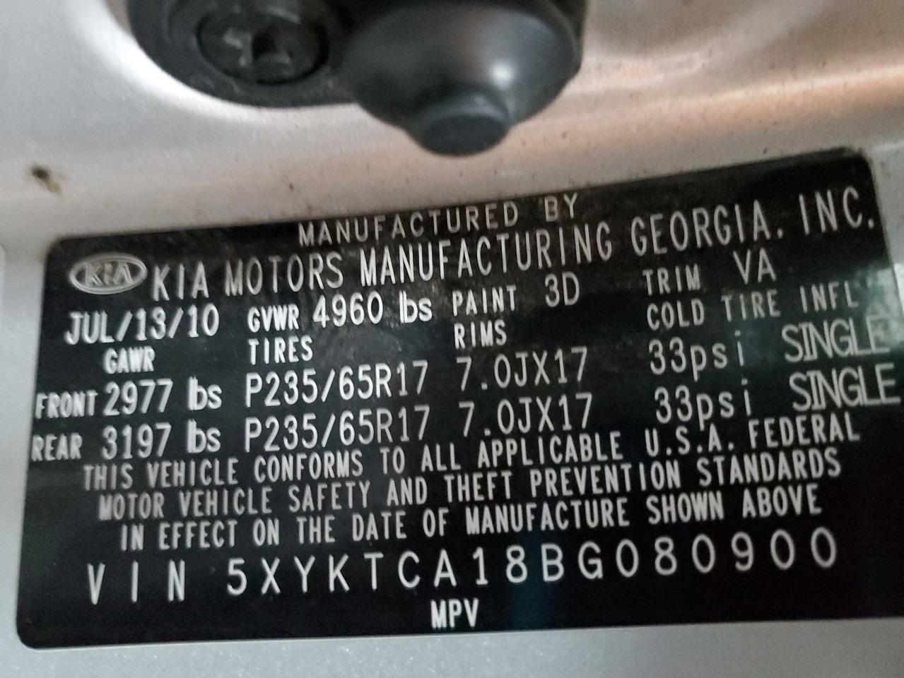 2011 KIA Sorento VIN 5XYKTCA18BG080900 Copart auction photo, front end / side damage thumbnail 14