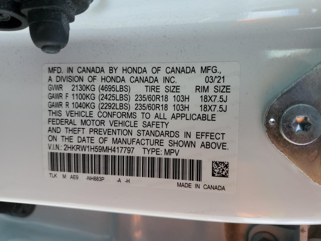 2021 Honda CR-V VIN 2HKRW1H59MH417797 Copart auction photo, front end damage thumbnail 15