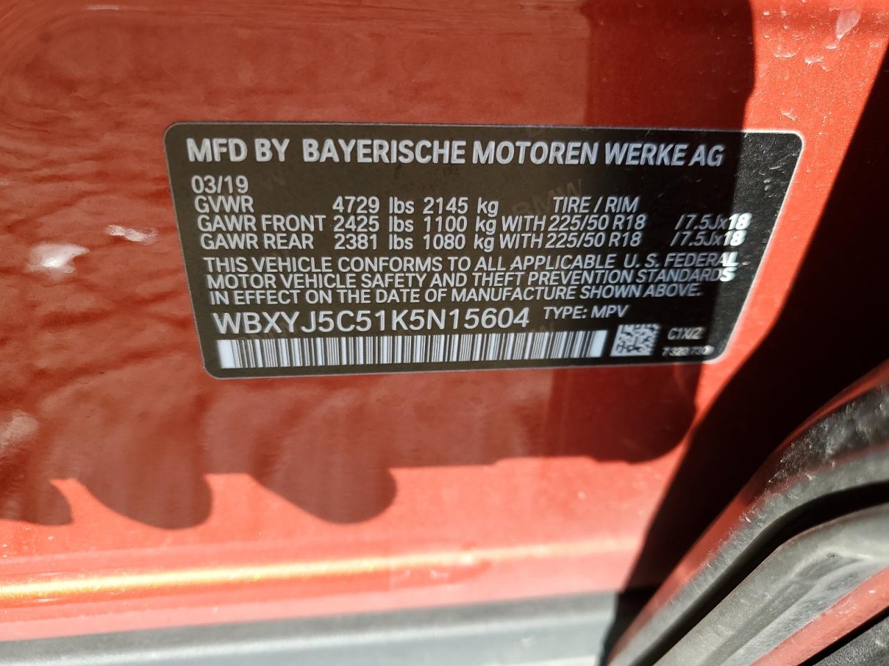 2019 BMW X2 VIN WBXYJ5C51K5N15604 Copart auction photo, front end damage thumbnail 13