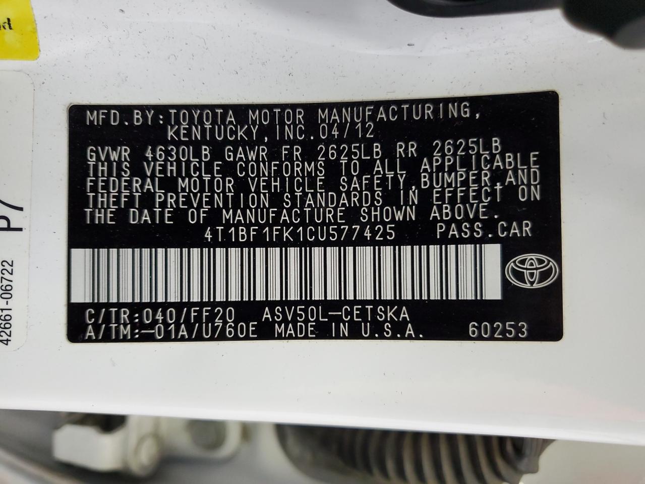 2012 Toyota Camry VIN 4T1BF1FK1CU577425 Copart auction photo, rear end damage thumbnail 13
