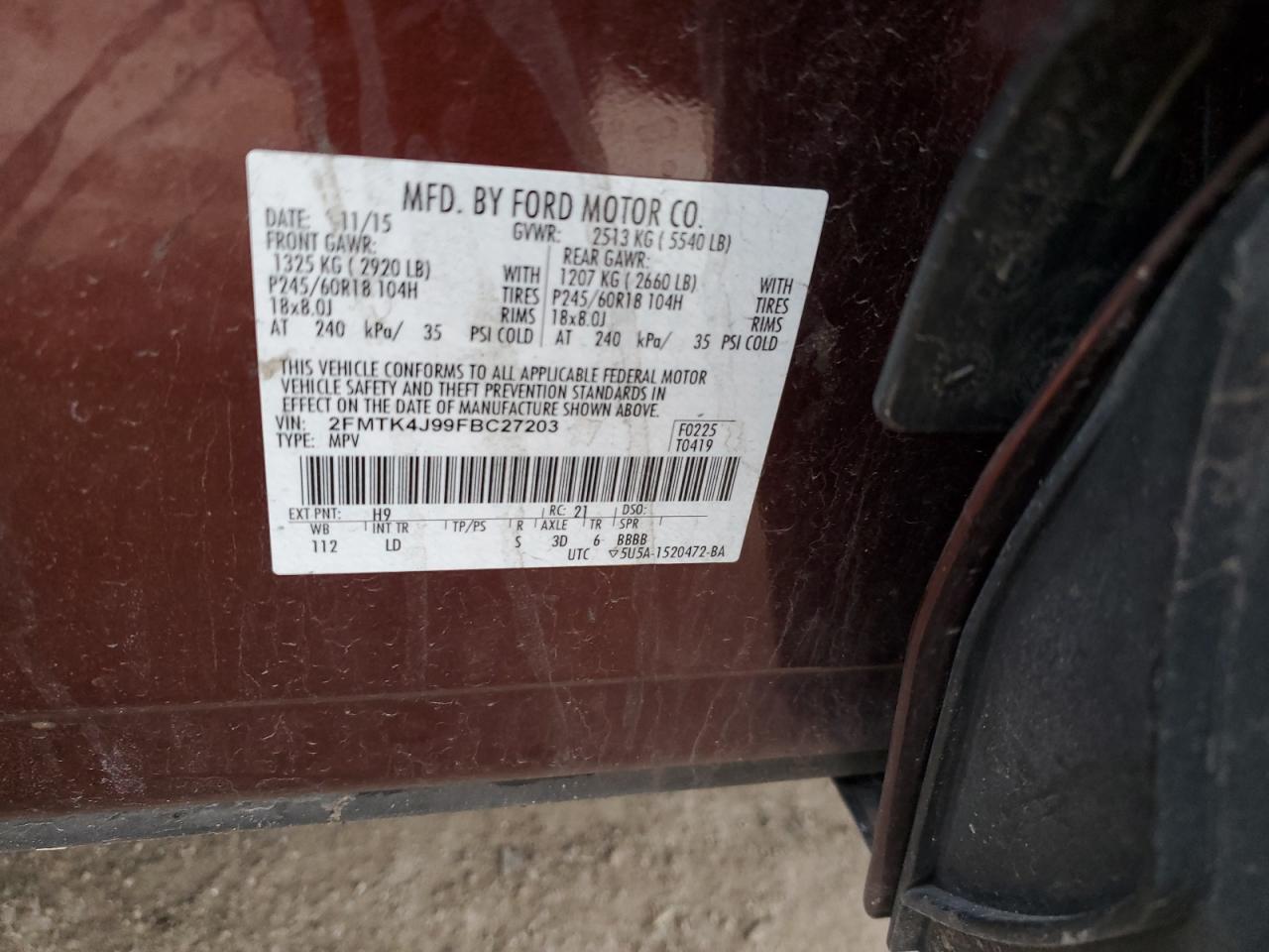 2015 Ford Edge VIN 2FMTK4J99FBC27203 Copart auction photo, all over damage thumbnail 15