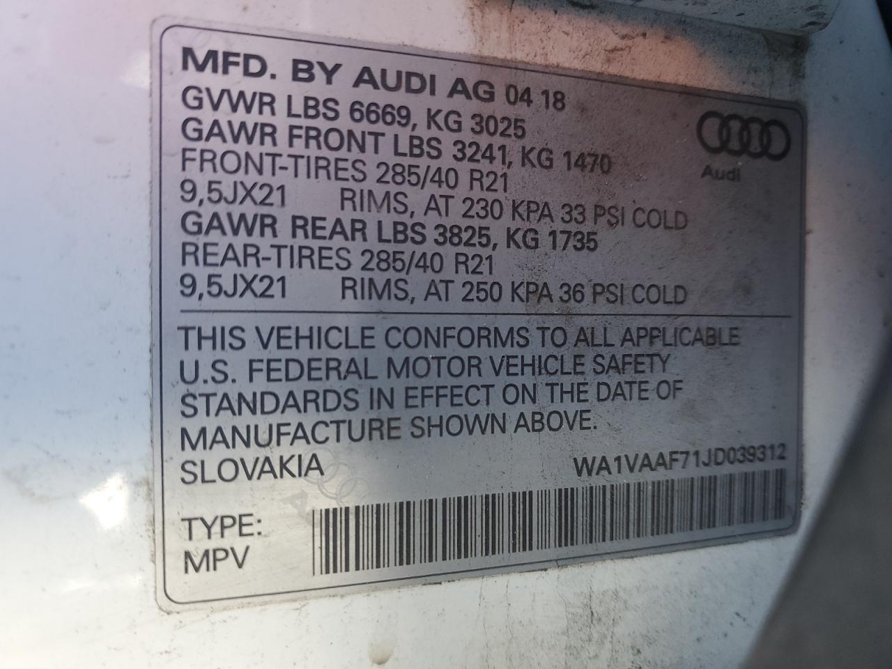 2018 Audi Q7 VIN WA1VAAF71JD039312 Copart auction photo, rear end / side damage thumbnail 13