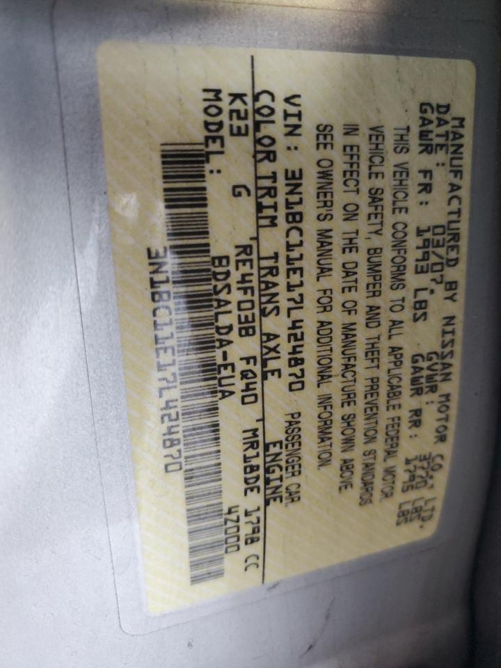 2007 Nissan Versa VIN 3N1BC11E17L424870 Copart auction photo, all over / mechanical damage thumbnail 13
