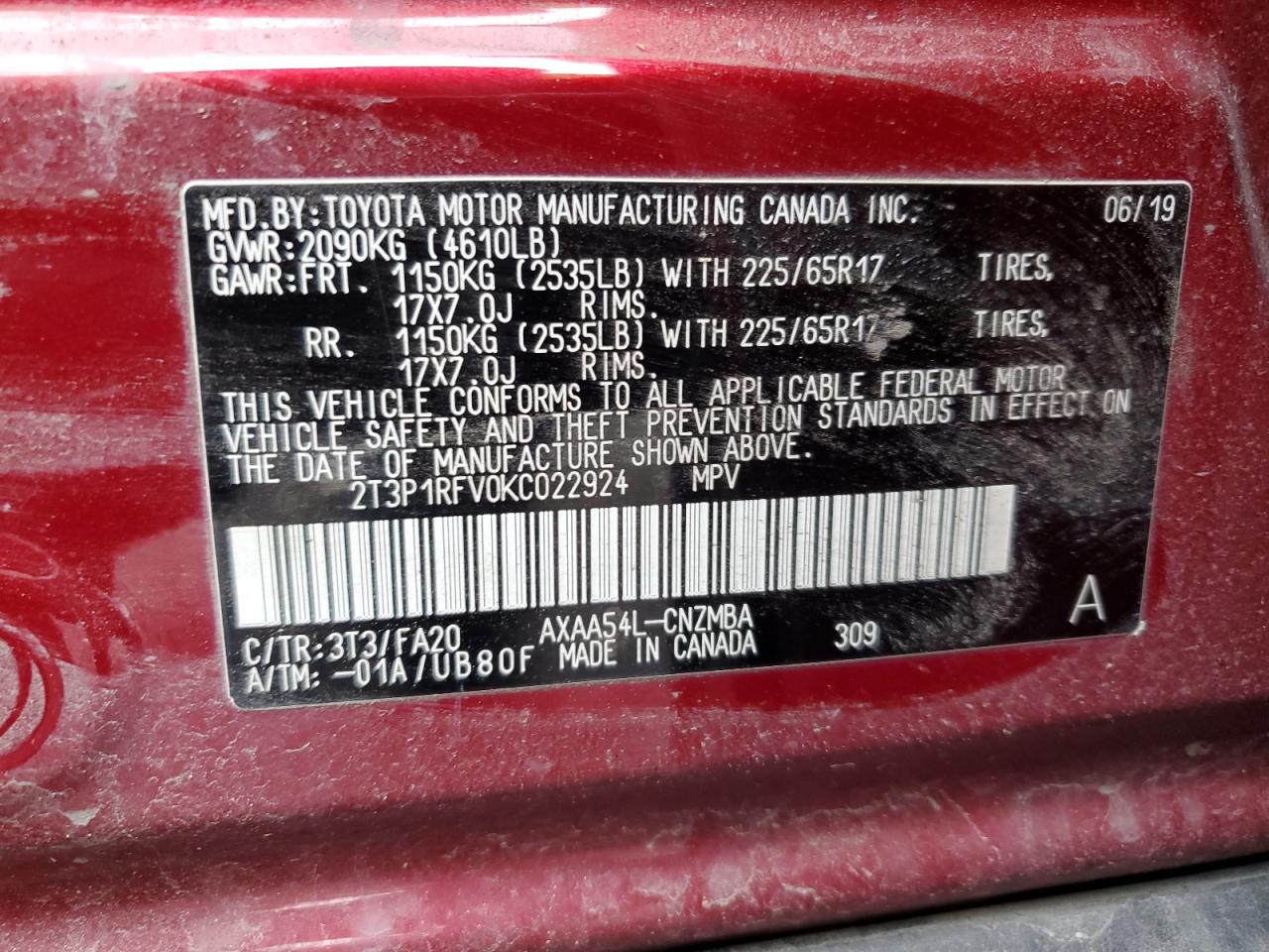 2019 Toyota RAV 4 VIN 2T3P1RFV0KC022924 Copart auction photo, front end damage thumbnail 15