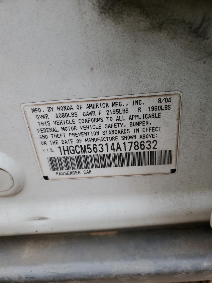 2004 Honda Accord VIN 1HGCM56314A178632 Copart auction photo, front end damage thumbnail 13