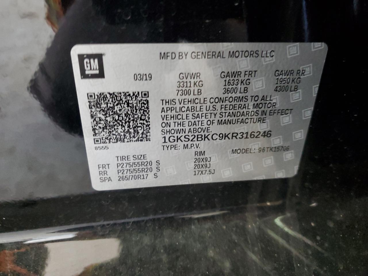 2019 GMC Yukon VIN 1GKS2BKC9KR316246 Copart auction photo, rear end damage thumbnail 13