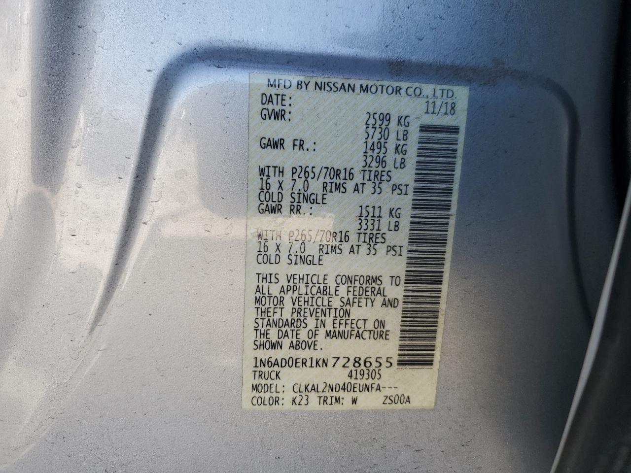 2019 Nissan Navara (Frontier) VIN 1N6AD0ER1KN728655 Copart auction photo, rear end damage thumbnail 12
