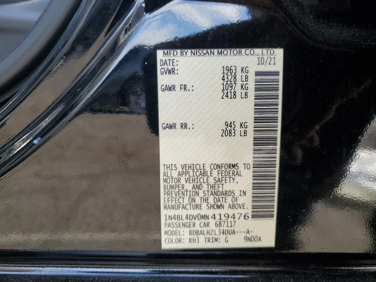 2021 Nissan Altima VIN 1N4BL4DV0MN419476 Copart auction photo, front end damage thumbnail 15