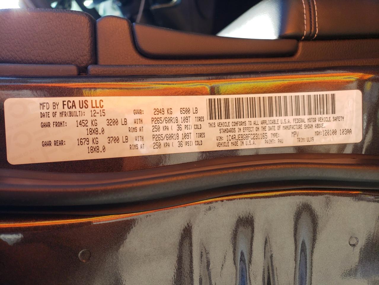 2015 Jeep Grand Cherokee VIN 1C4RJEBG8FC231165 Copart auction photo, front end / side damage thumbnail 13