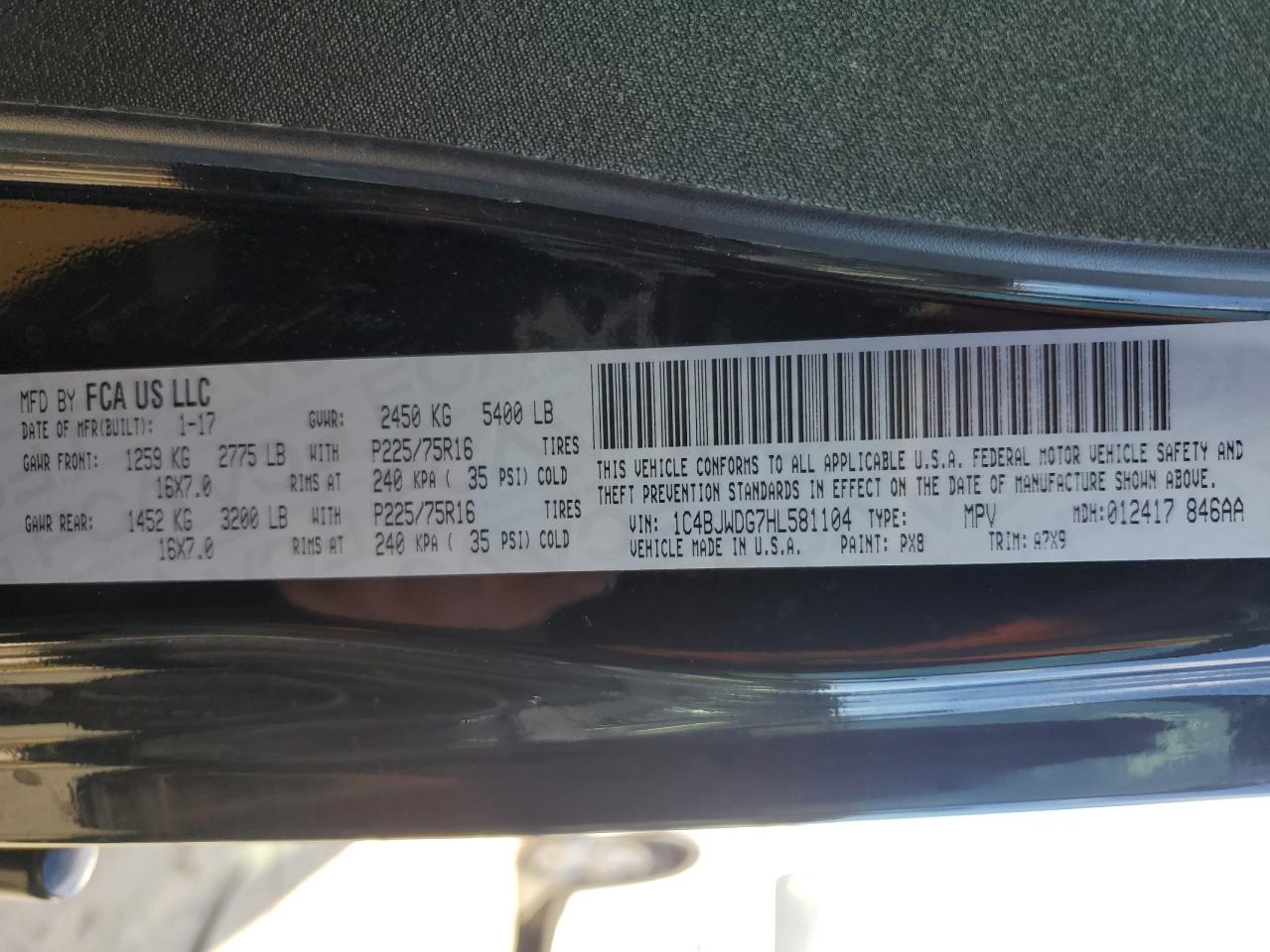 2017 Jeep Wrangler VIN 1C4BJWDG7HL581104 Copart auction photo, front end damage thumbnail 13