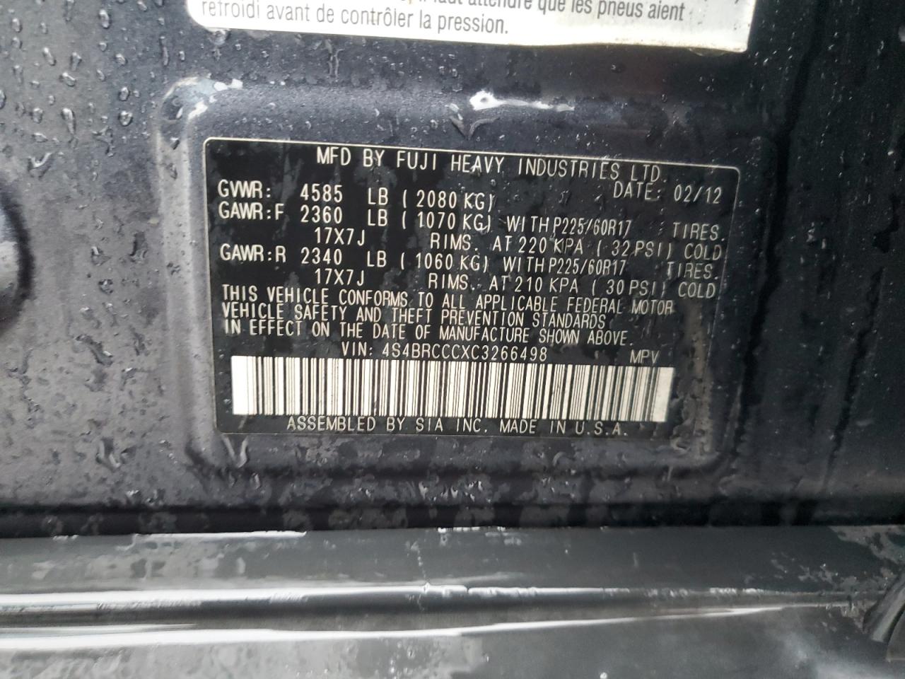 2012 Subaru Outback VIN 4S4BRCCCXC3266498 Copart auction photo, side / minor dent/scratches damage thumbnail 13