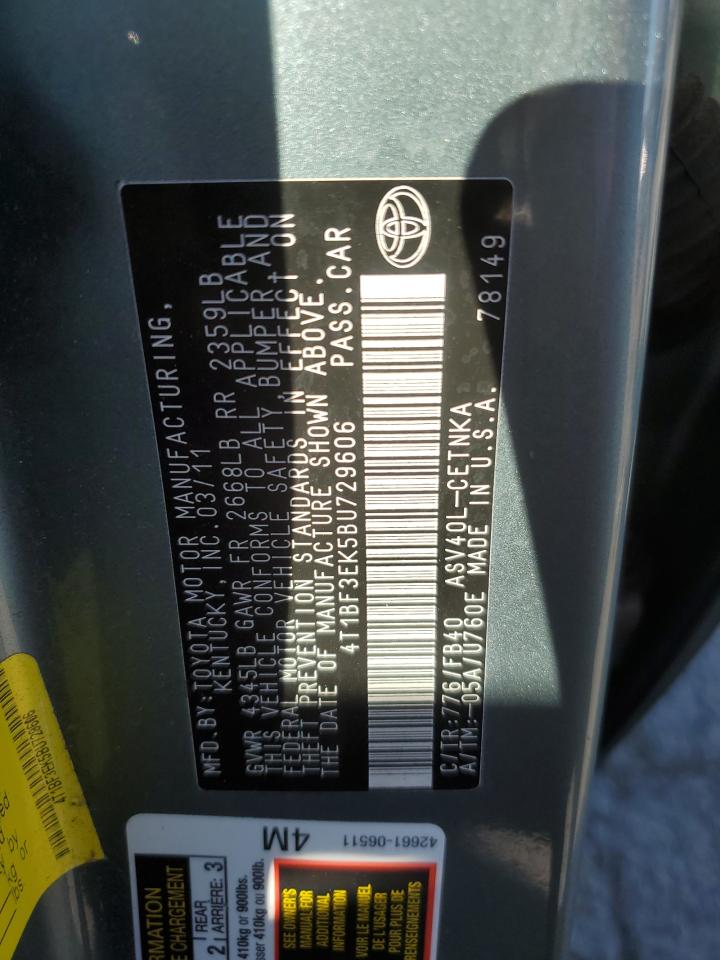 2011 Toyota Camry VIN 4T1BF3EK5BU729606 Copart auction photo, rear end / front end damage thumbnail 12