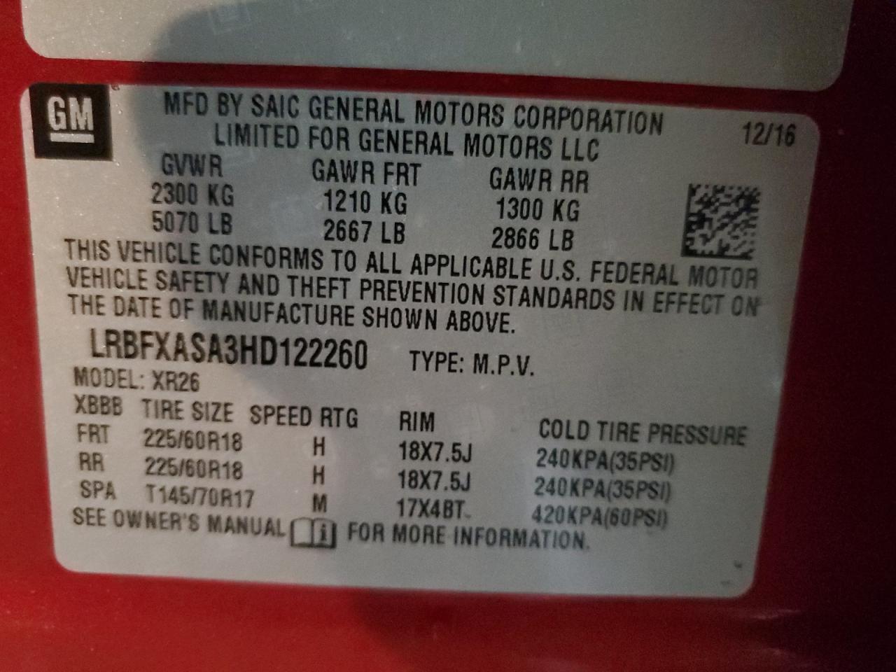 2017 Buick Envision VIN LRBFXASA3HD122260 Copart auction photo, front end / minor dent/scratches damage thumbnail 12