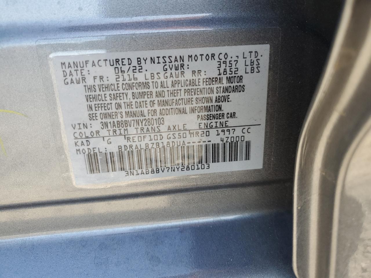 2022 Nissan Sentra VIN 3N1AB8BV7NY280103 Copart auction photo, rear end damage thumbnail 14