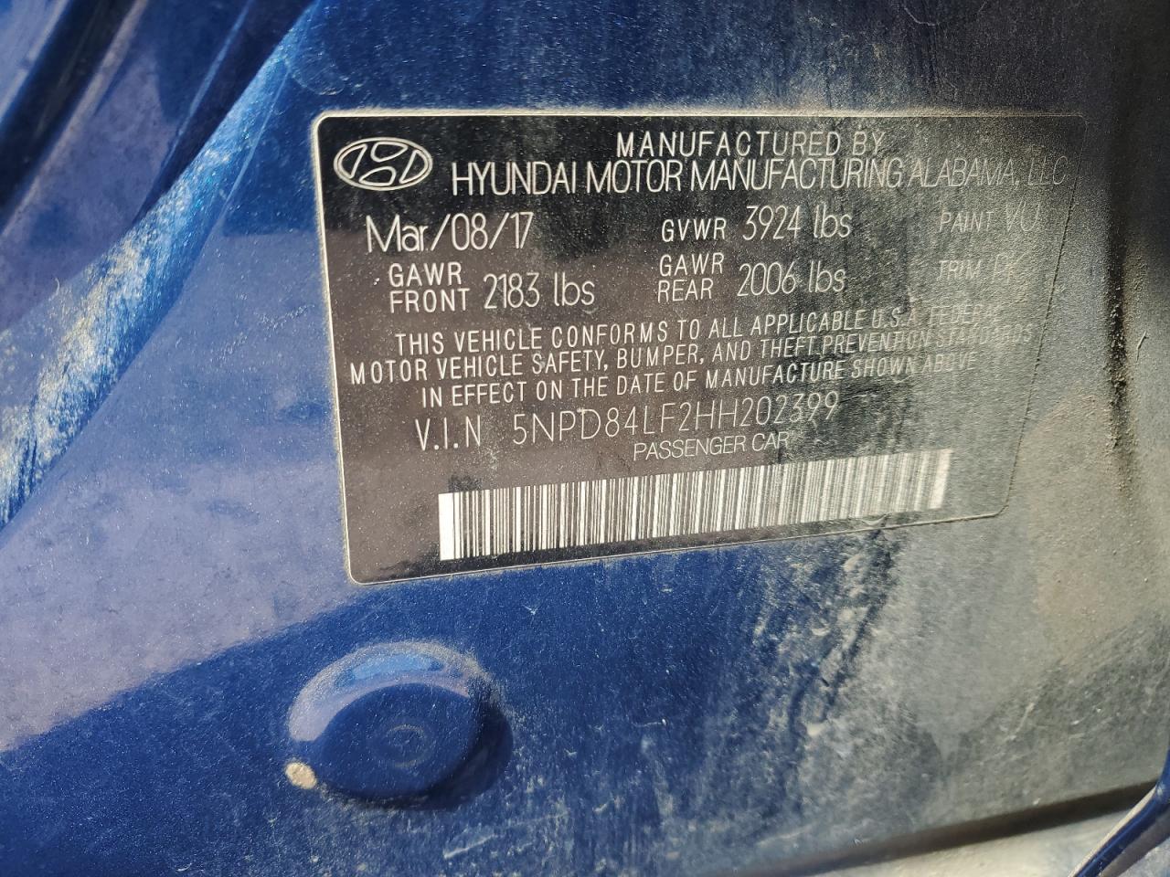 2017 Hyundai Elantra VIN 5NPD84LF2HH202399 Copart auction photo, side damage thumbnail 14