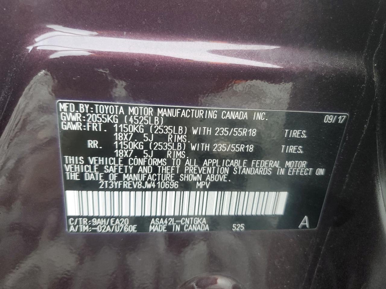 2018 Toyota RAV 4 VIN 2T3YFREV8JW410696 Copart auction photo, front end damage thumbnail 15