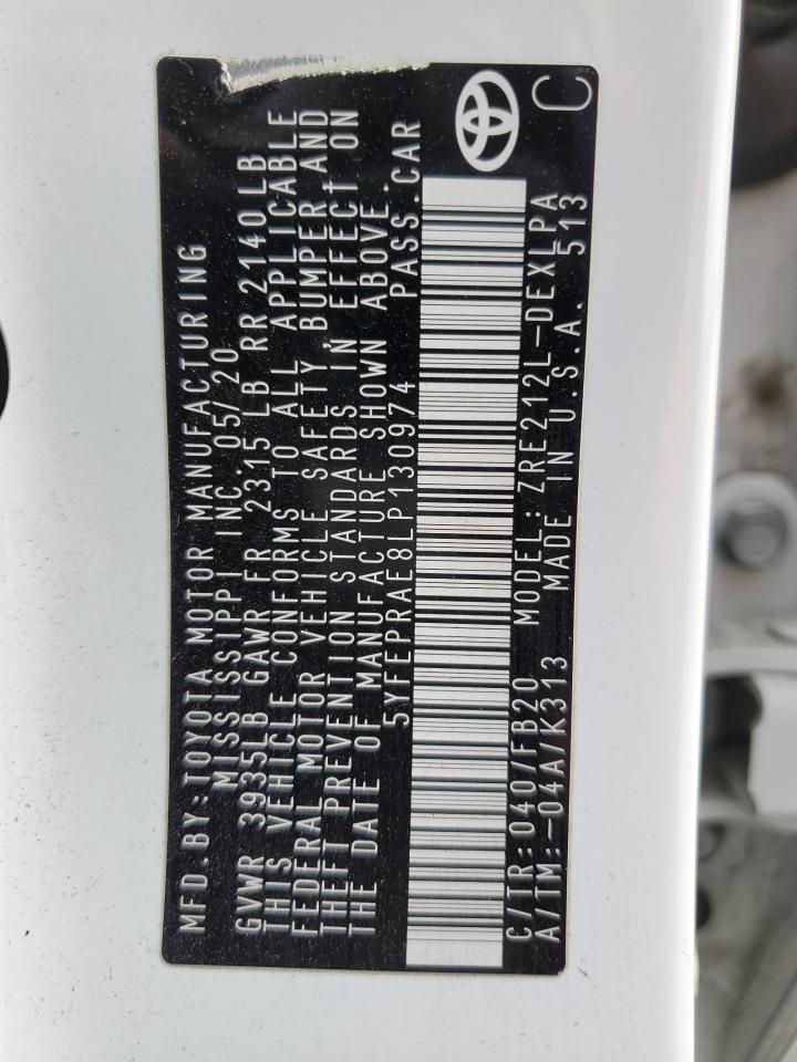 2020 Toyota Corolla VIN 5YFEPRAE8LP130974 Copart auction photo, front end / side damage thumbnail 12