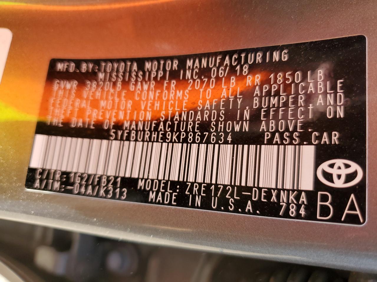 2019 Toyota Corolla VIN 5YFBURHE9KP867634 Copart auction photo, hail damage thumbnail 12