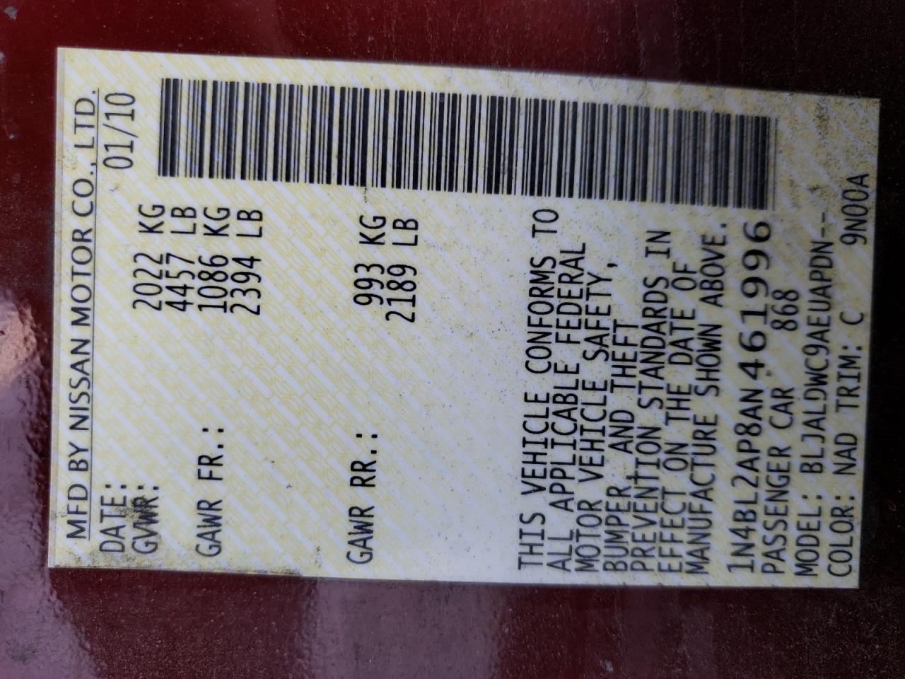 2010 Nissan Altima VIN 1N4BL2AP8AN461996 Copart auction photo, front end / hail damage thumbnail 13