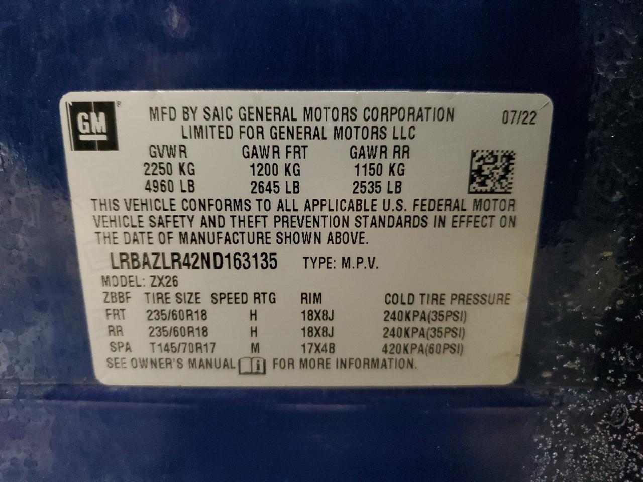 2022 Buick Envision VIN LRBAZLR42ND163135 Copart auction photo, side damage thumbnail 12