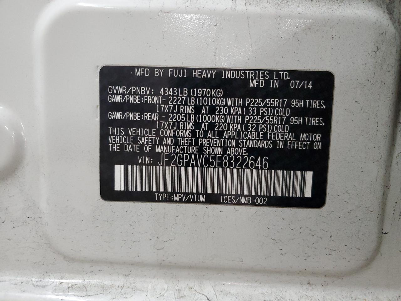 2014 Subaru XV VIN JF2GPAVC5E8322646 Copart auction photo, front end / minor dent/scratches damage thumbnail 14