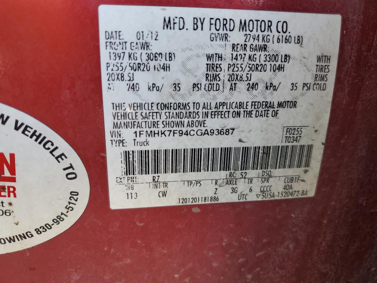 2012 Ford Explorer VIN 1FMHK7F94CGA93687 Copart auction photo, rear end / front end damage thumbnail 12