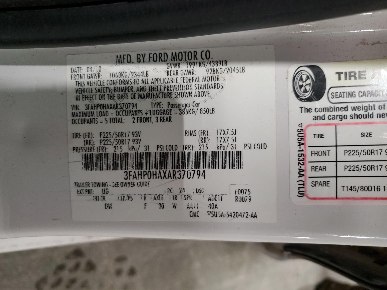 2010 Ford Fusion VIN 3FAHP0HAXAR370794 Copart auction photo, front end / side damage thumbnail 13