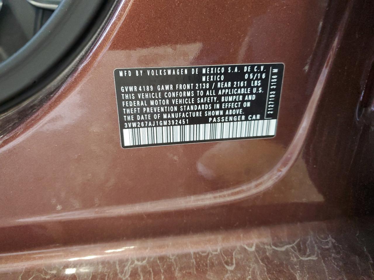 2016 Volkswagen Jetta VIN 3VW267AJ1GM392451 Copart auction photo, side / front end damage thumbnail 12