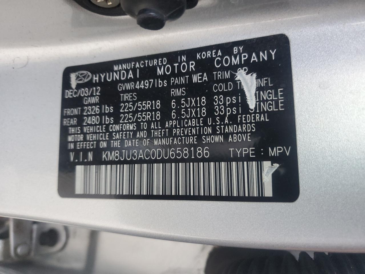 2013 Hyundai Tucson VIN KM8JU3AC0DU658186 Copart auction photo, side damage thumbnail 13
