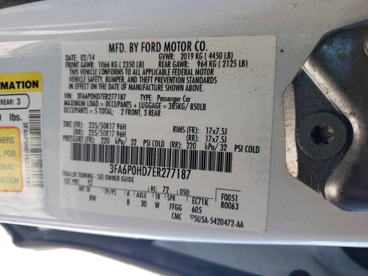 2014 Ford Fusion VIN 3FA6P0HD7ER277187 Copart auction photo, front end / minor dent/scratches damage thumbnail 14