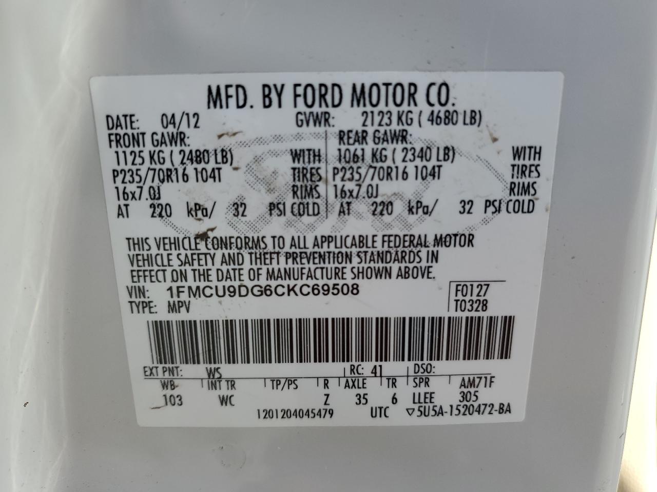 2012 Ford Escape VIN 1FMCU9DG6CKC69508 Copart auction photo, front end damage thumbnail 13