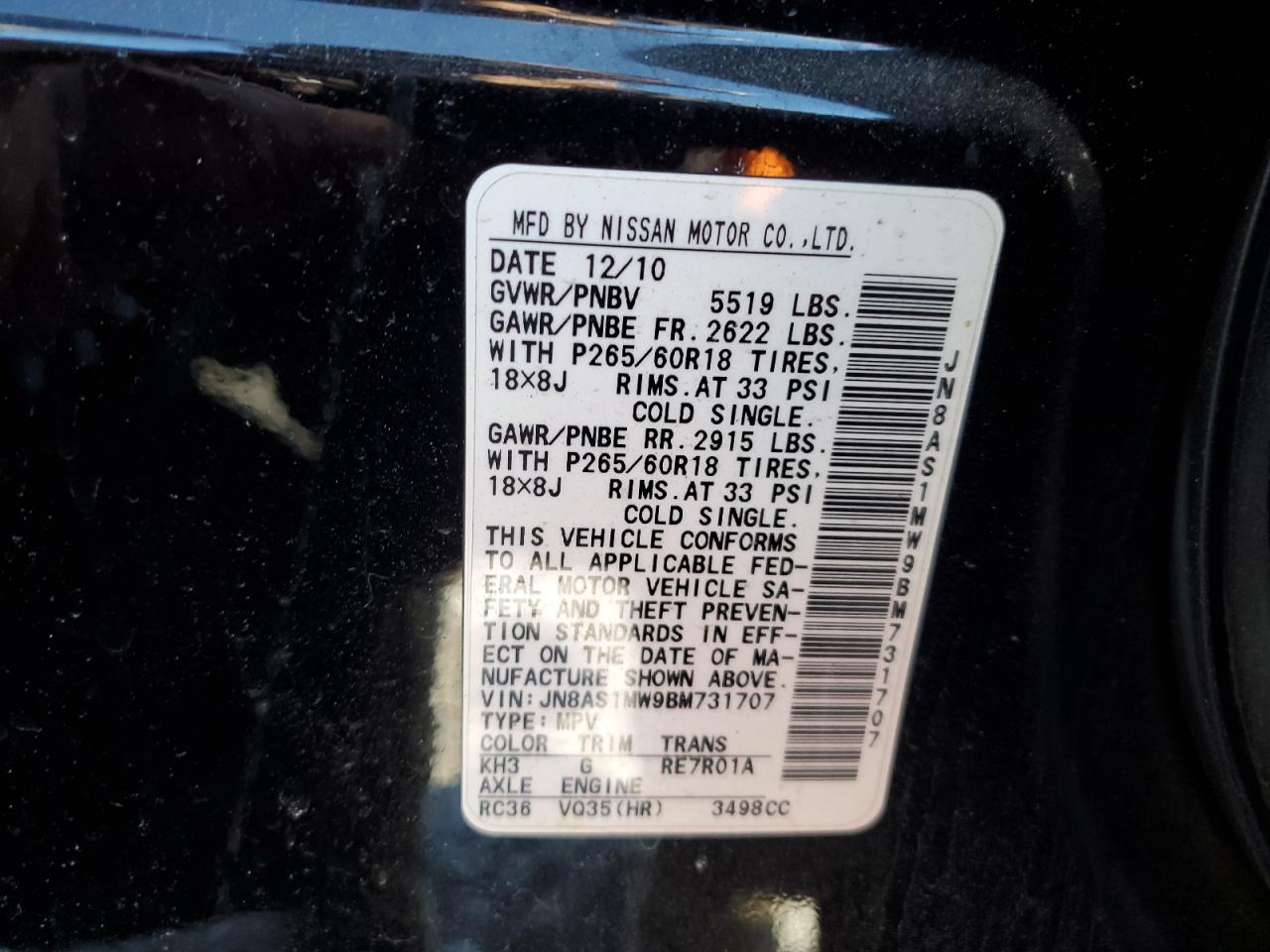 2011 Infiniti FX VIN JN8AS1MW9BM731707 Copart auction photo, front end damage thumbnail 15