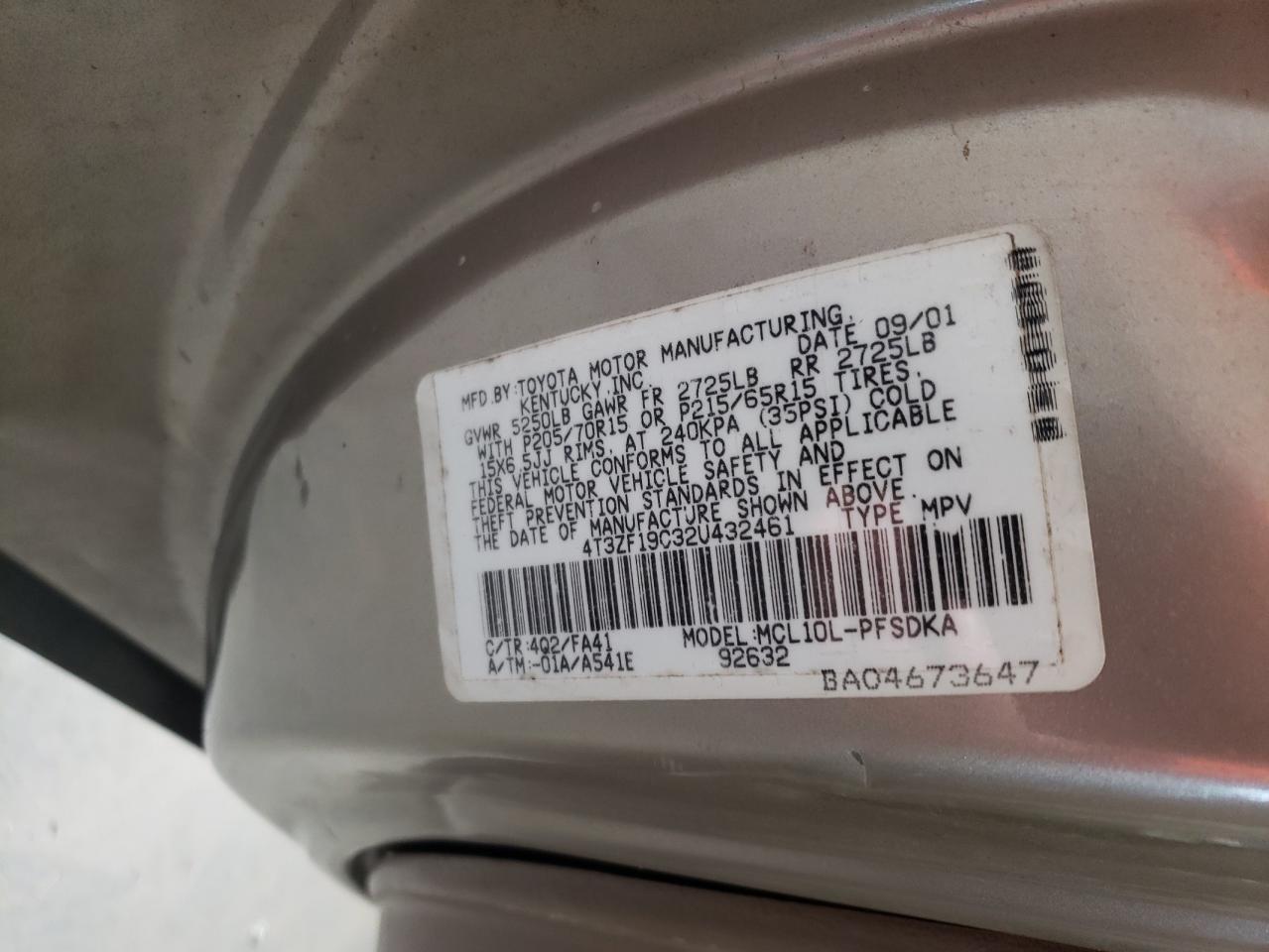 2002 Toyota Sienna VIN 4T3ZF19C32U432461 Copart auction photo, rear end / mechanical damage thumbnail 15