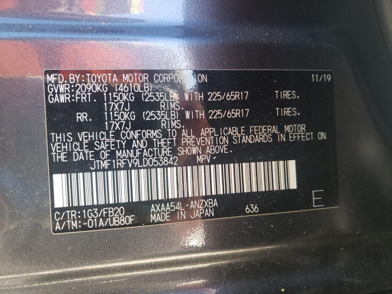 2020 Toyota RAV 4 VIN JTMF1RFV9LD053842 Copart auction photo, front end / undercarriage damage thumbnail 16