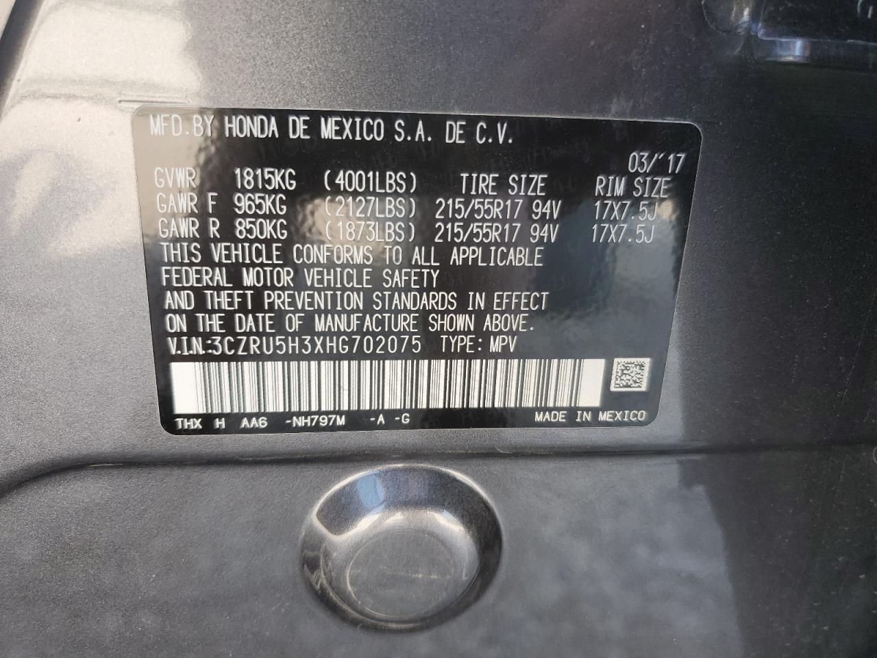 2017 Honda HR-V VIN 3CZRU5H3XHG702075 Copart auction photo, all over damage thumbnail 15