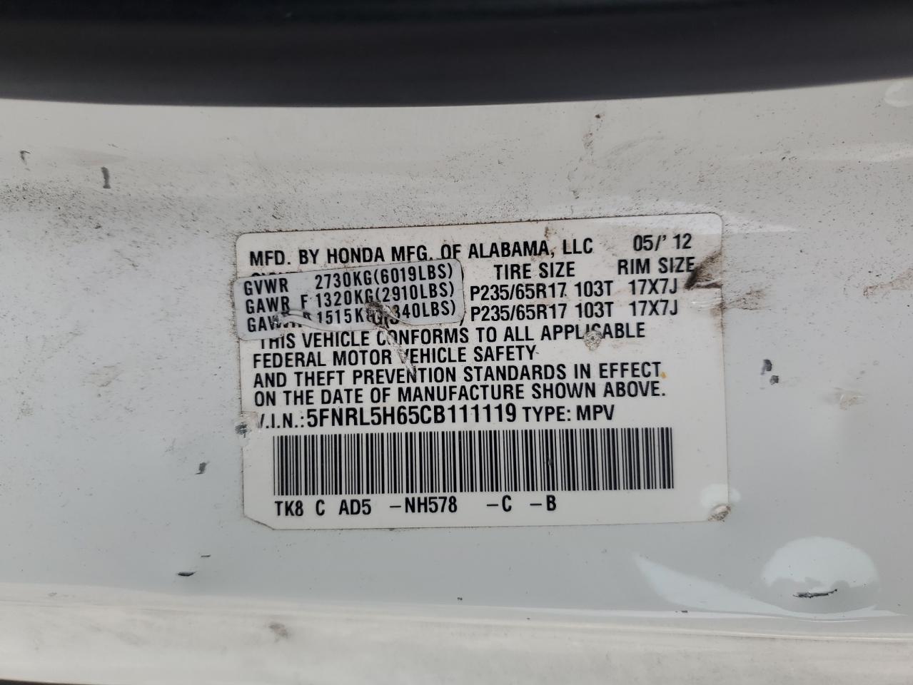 2012 Honda Odyssey VIN 5FNRL5H65CB111119 Copart auction photo, front end damage thumbnail 14