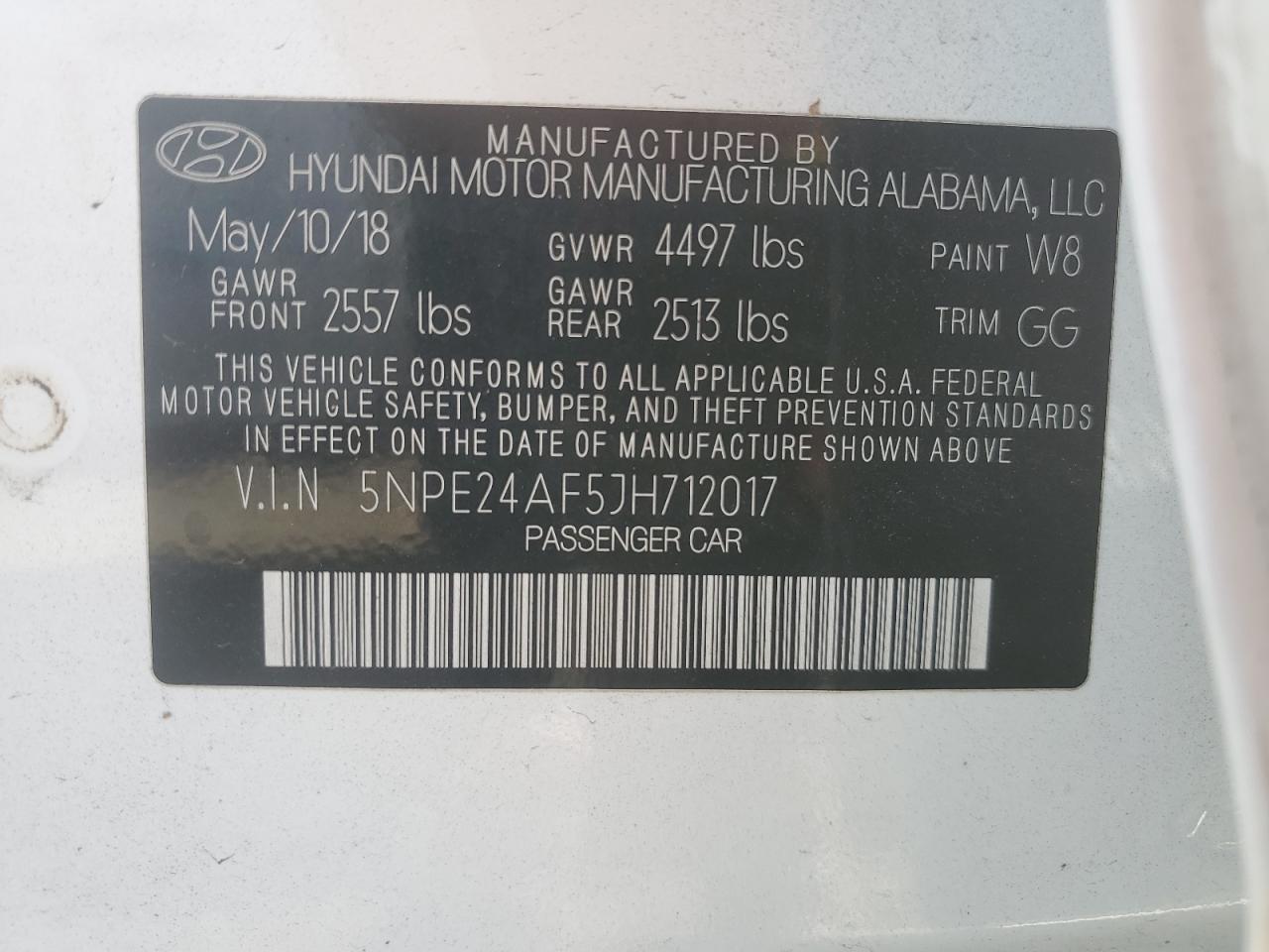 2018 Hyundai Sonata VIN 5NPE24AF5JH712017 Copart auction photo, front end damage thumbnail 12