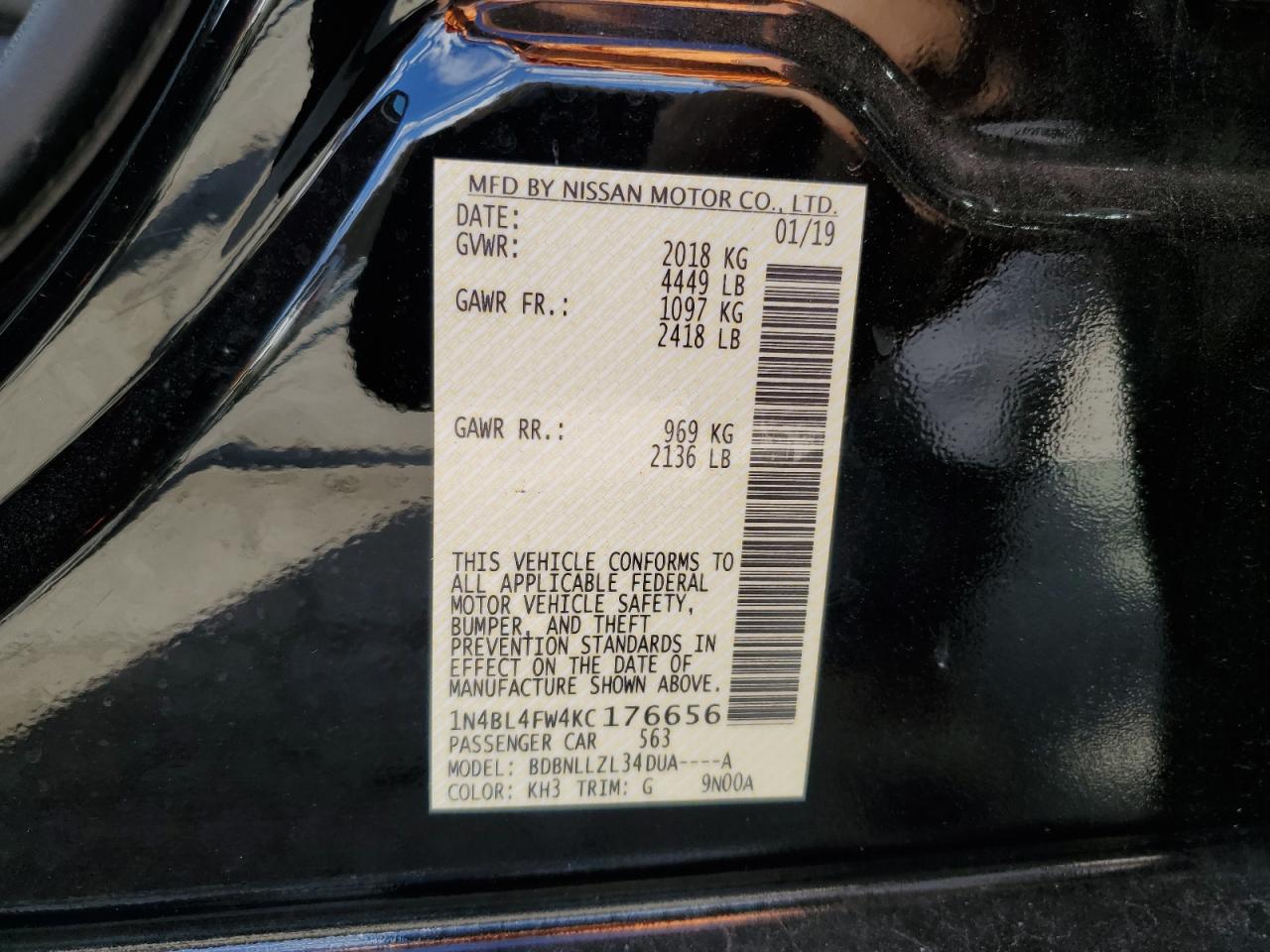 2019 Nissan Altima VIN 1N4BL4FW4KC176656 Copart auction photo, front end damage thumbnail 14