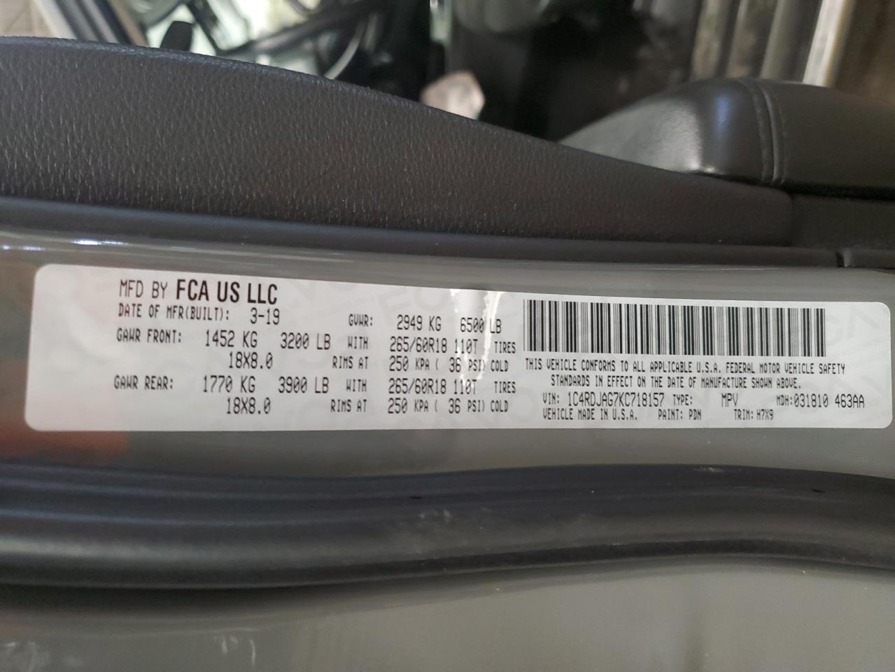 2019 Dodge Durango VIN 1C4RDJAG7KC718157 Copart auction photo, front end / rear end damage thumbnail 14