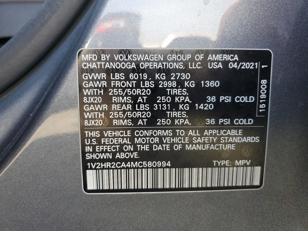 2021 Volkswagen Atlas VIN 1V2HR2CA4MC580994 Copart auction photo, front end / rear end damage thumbnail 13