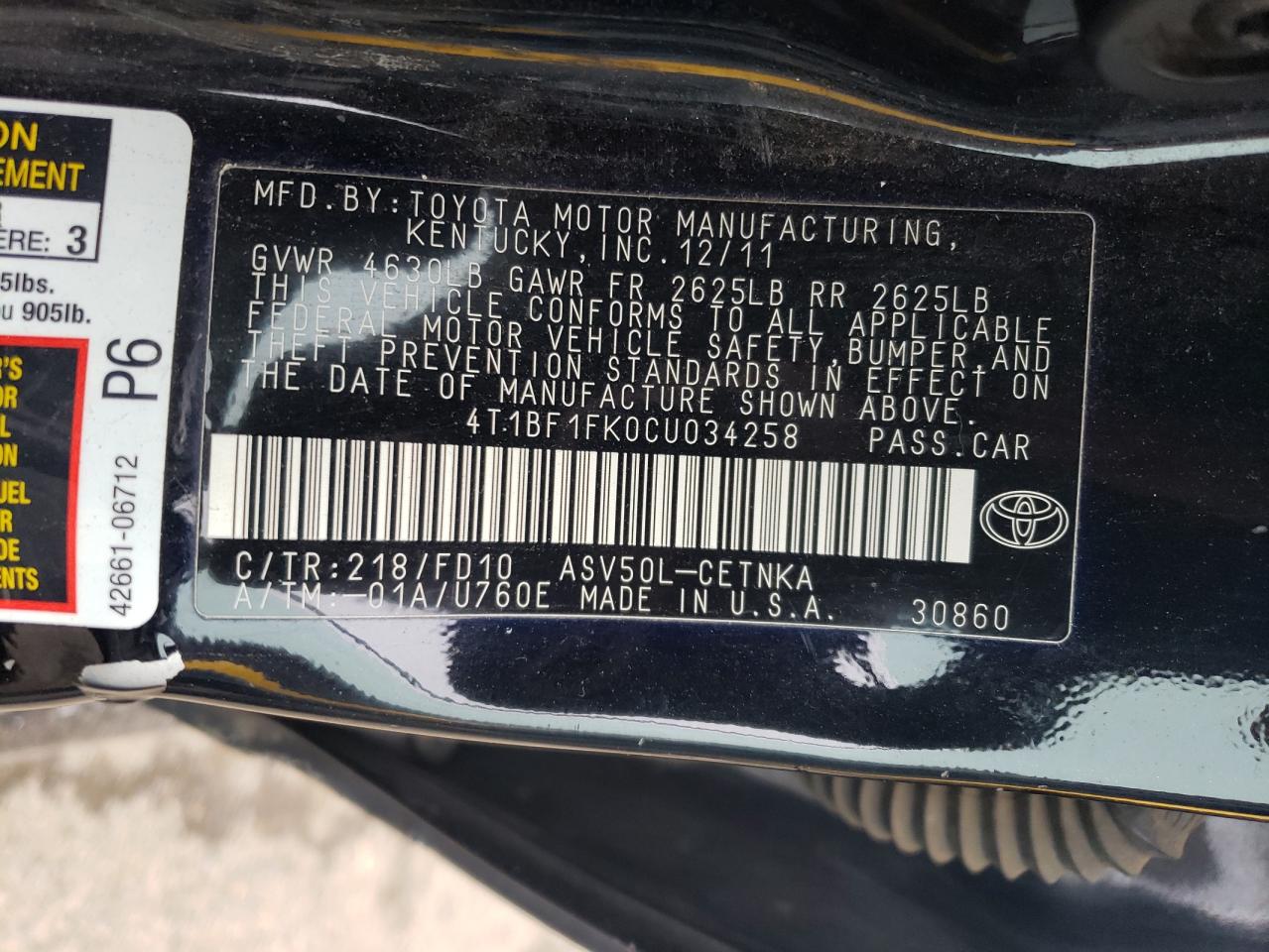 2012 Toyota Camry VIN 4T1BF1FK0CU034258 Copart auction photo, side damage thumbnail 12