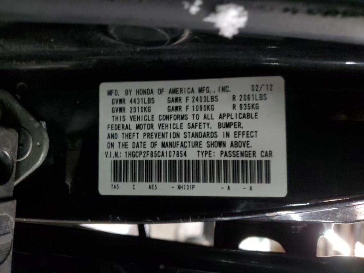 2012 Honda Accord VIN 1HGCP2F85CA107854 Copart auction photo, front end damage thumbnail 12