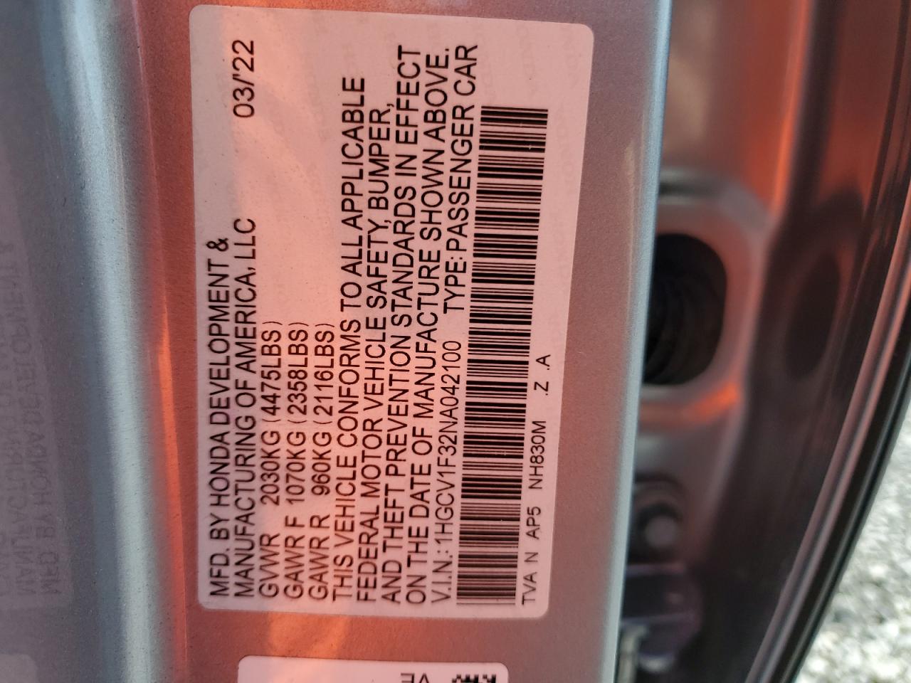 2022 Honda Accord VIN 1HGCV1F32NA042100 Copart auction photo, rear end damage thumbnail 12